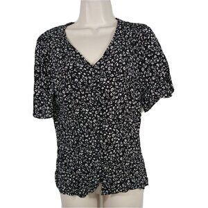 Talbots V-neck Button Up Top Blouse Size 6 Black White Floral Short Sleeve